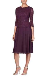 Alex Evenings Pflaume Pailletten Jakobsmuschel Spitze Top Chiffon Rock Mock Midikleid 14 - Bild 1 von 2