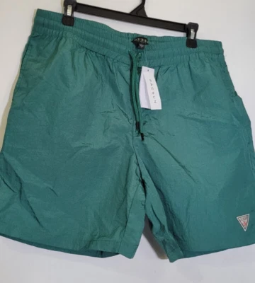 Vintage New GUESS Los Angeles Men's Large Dark Green Nylon Athletic Sport Shorts - Image 1 of 4
