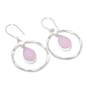 Pink Rose Quartz Gemstone Handmade 925 Sterling Silver Jewelry  Earring Sz 1.50" - Picture 1 of 1