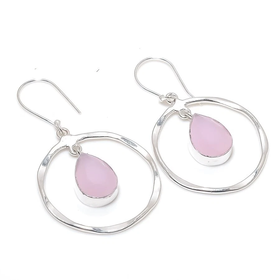 Pink Rose Quartz Gemstone Handmade 925 Sterling Silver Jewelry  Earring Sz 1.50" - Image 1 of 1