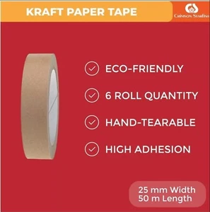 Crimson Starfish Brown Paper Tape Package 6x Rolls of 25mm x 50m Extra STRONG - Picture 1 of 4