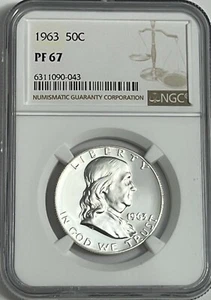 1963 NGC PF67 PROOF FRANKLIN HALF DOLLAR WHITE COINS 50c 90% SILVER WHITE LABEL - Picture 1 of 3