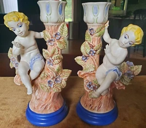 Vintage Cherubs Candlestick Holder Set of 2 Porcelain Ceramic Hand Painted - Picture 1 of 9