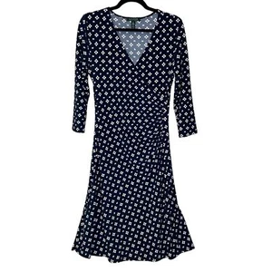 Lauren Ralph Lauren V-Neck Surplice Pull Over Dress Blue White Women's Medium - Picture 1 of 8