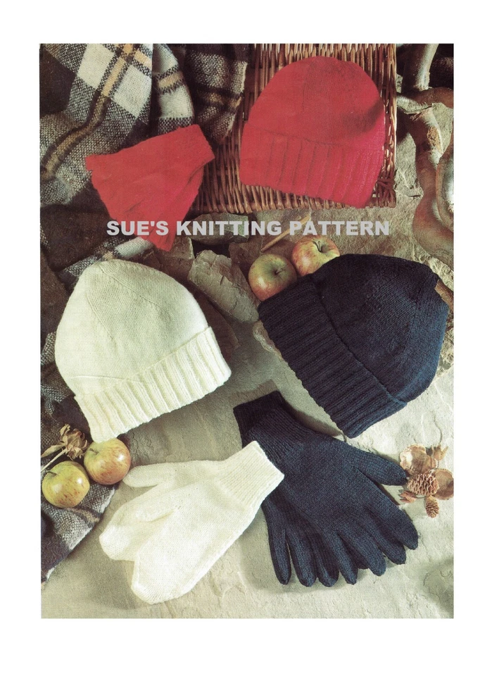 Beeni hats. mitts gloves fingerless knitting pattern DK. Men ladies boys girls.
