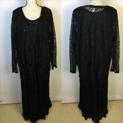 复古 90 年代 Lola P 2 件 Midi 连衣裙和夹克 2X 女子加黑色蕾丝浮华波西米亚 — 第 1/4 张图片