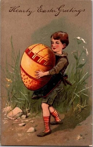 AK Herzliche Ostergrüße Junge trägt riesiges Osterei gestempelt 1908 - Bild 1 von 2