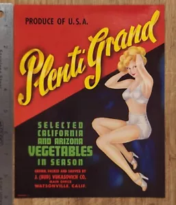 ADVERTISING Label Plenti Grand Pinup Art Watsonville California Vukasovich Bud - Picture 1 of 1