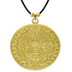 24k GP Pre-Columbian Aztec Solar Calendar 2" Pendant Necklace| Across The Puddle - Picture 1 of 6