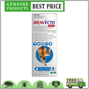 BRAVECTO PLUS 1,2 Doses for Cats 2.8 to 6.25 Kg Flea Tick Heartworm Control BLUE - Picture 1 of 4