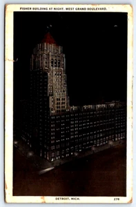 White Border Postkarte Nachtansicht des Fischergebäudes Detroit Michigan - Bild 1 von 2