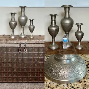 Set 3 antichi vasi decorati persiani islamici mediorientali colore argento - Foto 1 di 9
