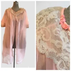 Vintage 60s Peach Sheer chiffon And Lace Button Puffy Sleeves Robe Kayser Sissy - Picture 1 of 7