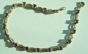 BELLISSIMO BRACCIALE VINTAGE ORO 9ct SET LUNGO 7,5" CON 17 AMETISTE SFACCETTATE - Foto 1 di 4