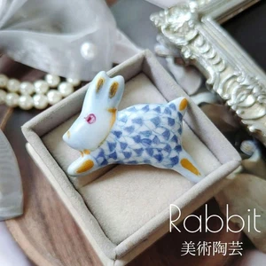 Vintage Rabbit Brooch Blue Ceramic Animal Kimono Accessory Pottery Pin - Picture 1 of 12