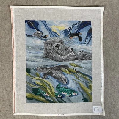 VTG Wiehler Gobelin Hand Painted Needlepoint Canvas Sea Otters Large Rare - Image 1 of 4
