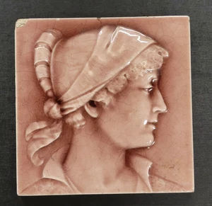 c1880s Mosaic Tile Co. Zanesville OH 6x6" antico camino ritratto vittoriano - Foto 1 di 8