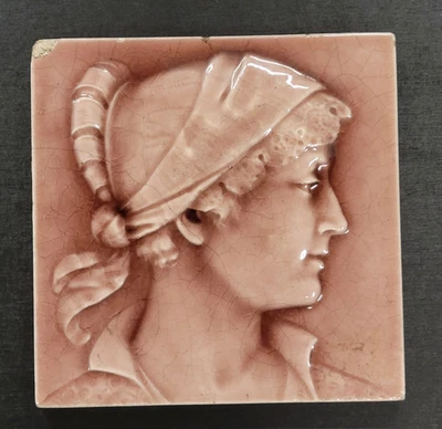 c1880s Mosaic Tile Co. Zanesville OH 6x6" Antique Victorian Portrait Fireplace - Image 1 of 4