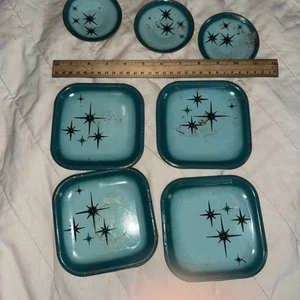 Mid Century Tin Children's Plate Set Starburst Teal Atomic Doll Dishes - Picture 1 of 3