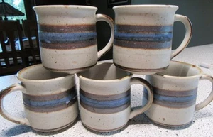 Set 5 Vintage Otagiri Horizon Stoneware 3 5/8" Coffee Mugs w/ Blue Brown Stripes - Picture 1 of 2