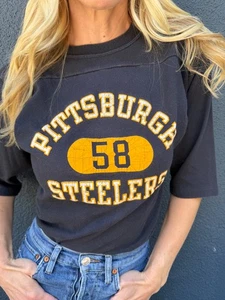 80s VINTAGE PITTSBURGH STEELERS FOOTBALL T-SHIRT SZ S JACK LAMBERT OWNED #58 - Picture 1 of 12