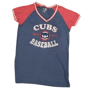New Era Cubs Baseball V Neck T Shirt Womens Size Large Blue Red Distressed - Picture 1 of 7
