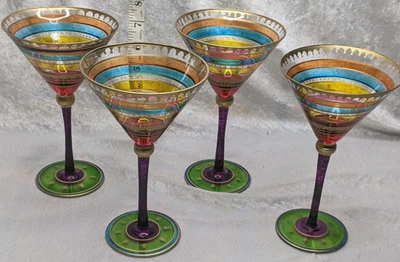 Conjunto de 4 píeres 1 copos de martini pintados à mão estrelas haste roxa ouro boêmio - Imagem 1 de 4