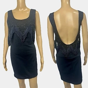 VTG 90s LA Glo Fringe Lace Backless Bodycon Mini Dress Black Sz 9/10 US Y2K Club - Picture 1 of 14