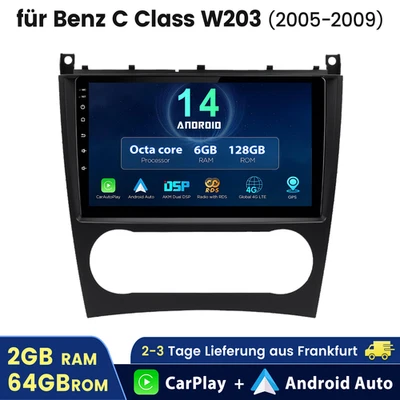 9" Android 14 Autoradio GPS NAVI WiFi DAB+ USB Für Mercedes C Class W203 6+128G - Bild 1 von 4