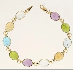 Gemstone Carved Scarab Beetle Bracelet 34CT 14K Yellow Gold 7 3/8” Long - Picture 1 of 5