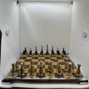 Vintage MCM Chess Complete Set Metal & Wood Board and Pieces Beautiful - Picture 1 of 21