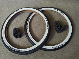 TWO (2)DURO 20 x 1.75 WHITE WALL "LOWRIDER" LOGO BRICK TREAD BICYCLE TIRES&TUBES - Picture 1 of 7