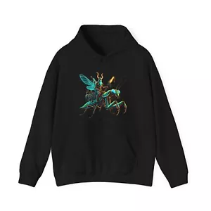Adult Hoodie Sweatshirt Steampunk Neon Viking Riding an Armored Praying Mantis - Picture 1 of 21