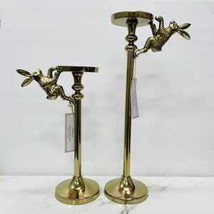 NEW Cupcakes & Cashmere GOLD EASTER BUNNY CANDLE HOLDERS Metal Rabbit SET OF 2 - Picture 1 of 6