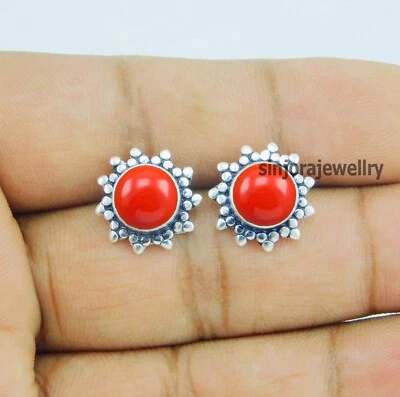 Aretes de plata de ley 925 con piedras preciosas de coral rojo Foto 1 de 4