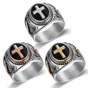 Edelstahl Herren Christliches Kreuz Ring für Männer Frauen Silber/Gold Größe 7-15 - Bild 1 von 11