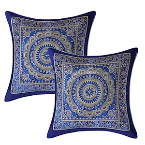 Indian Handmade Cushion Cover Mandala Brocade Silk Blue Pillow Cover Throw 12" - Picture 1 of 6