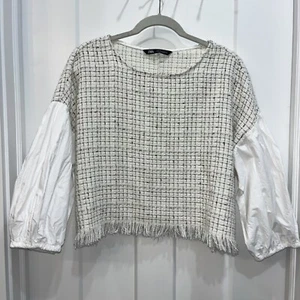 Zara Damen Struktur Tweed Baumwolle Ärmel Body Fransen Saum Crop Top Größe Large - Bild 1 von 12