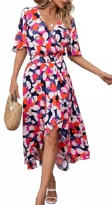 Kormei Womens Short Sleeve Floral High V-Neck Flowy Party Long Maxi Dress Medium - Picture 1 of 7