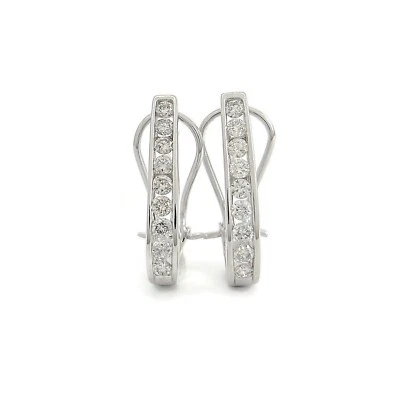 Diamond Channel-Set Oblong Drop Hoop Earrings 14K White Gold, .90 CTW, 4.25 Gram - Image 1 of 4