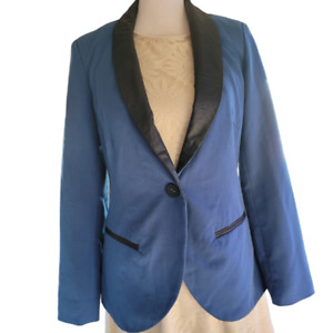 BLACK RAINN Womens Blue Faux Black Leather Trim Single Button Blazer Jacket Sz S