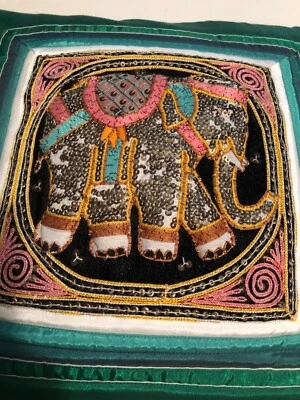 Silk & Beaded Green Elephant Pillow/ VTG./ hand made in Thailand/pink/Turquoise - Image 1 of 4