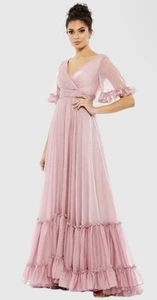 Mac Duggal 70243 Sz 12 Rose Pink Tiered Hem Flutter Sleeve Chiffon Gown $398 - Picture 1 of 5