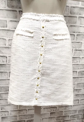 Saia lápis feminina Jennifer Lopez marfim metálica cravejada franja tweed tamanho 12 - Imagem 1 de 4