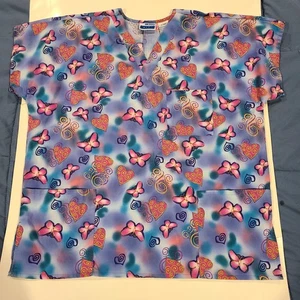 MHD Womens XL Scrub Top multicolor Hearts & Butterflies Highly Decorated Violet - Picture 1 of 11