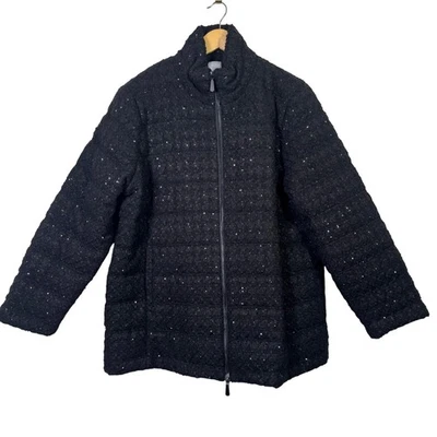 Chicos Womens Jacket 3 XL NWT Black Sequin Tweed Quilted Zip Front Jacket Coat - Image 1 of 4