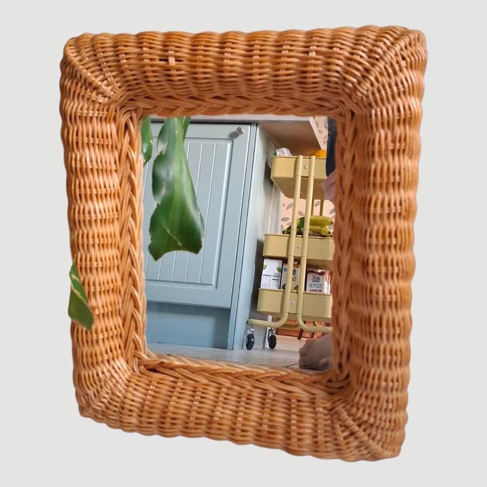 Vintage Woven Cane Wicker Rattan Rectangular Mirror Boho Scandi Cottagecore - Image 1 of 4