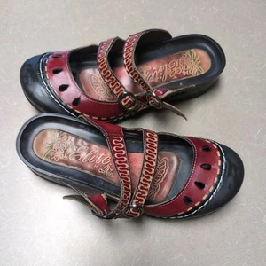 Elite by Corkys Mary Jane Leather Clogs Women's 9 Red Black Boho Artsy Comfort - Picture 1 of 8