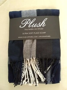 Plush Apparel Ultra Soft Plaid Navy White Charcoal Scarf One Size - Picture 1 of 2