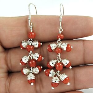 Natural Coral Gemstone Drop/Dangle Boho Earrings 925 Silver For Girls A22